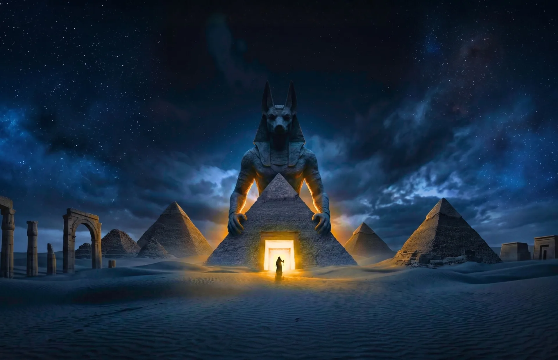 A lone explorer before a glowing doorway beneath pyramids at night, artwork for Lost Tomb